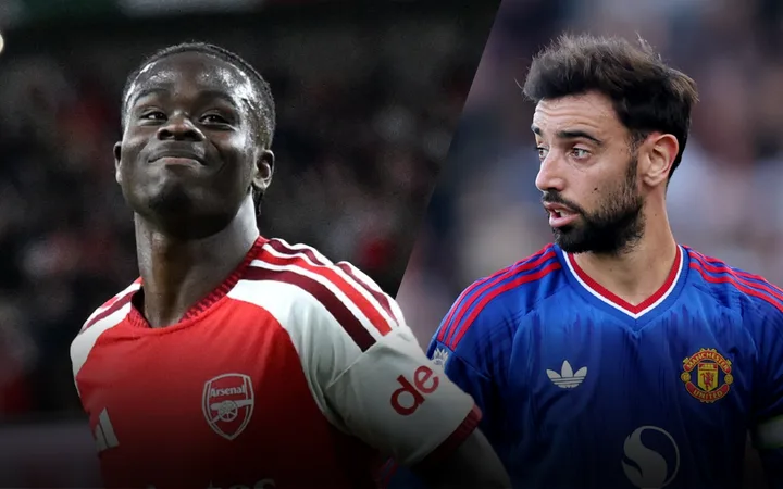 Bukayo Saka y Bruno Fernandes en el anuncio del calendario de la Premier.