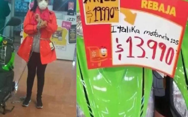 Tienda pone motocicleta en 14 pesos y mujer se encadena para que le respeten el precio y se la vendan