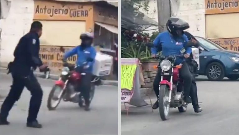 VIDEO: Repartidor en moto ayuda a policía en una complicada situación