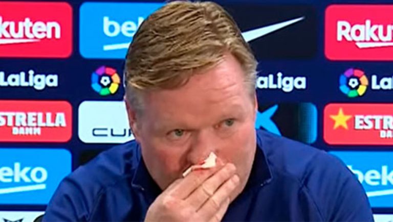 Video: “¡Hostia p….!” Ronald Koeman abandona conferencia de prensa del Barcelona tras sangrar de la nariz