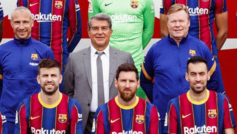 ¡Coutinho con Photoshop! Joan Laporta y Lionel Messi encabezan la foto oficial del Barcelona para la temporada 20-21