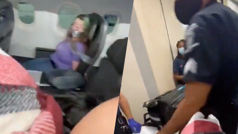 VIDEO: Amarran a mujer con cinta adhesiva tras intentar abrir la puerta del avión en pleno vuelo
