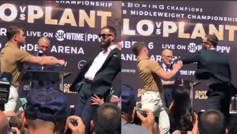 Video: Saúl ‘Canelo’ Álvarez llega a los golpes con Caleb Plant en conferencia de prensa